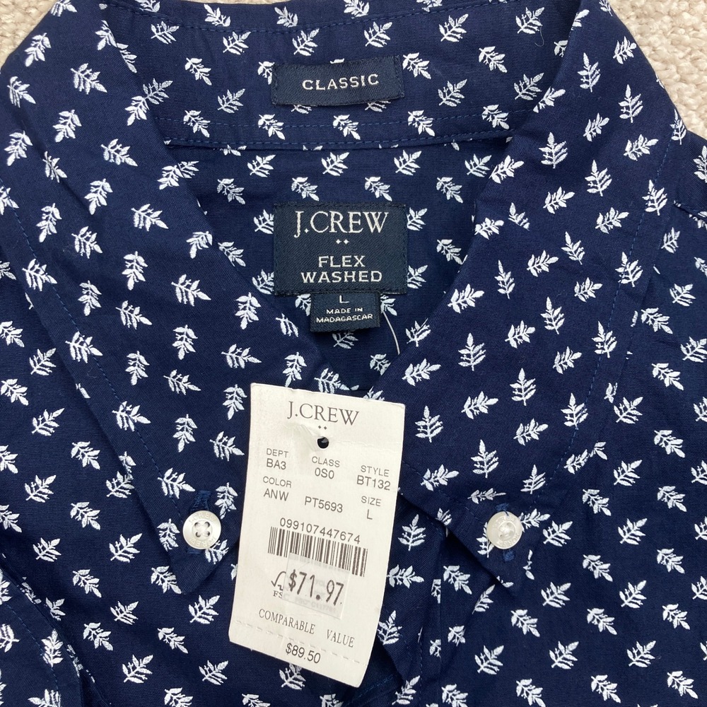 NEW J. Crew Mens L Button Front Shirt Navy White Leaf Print Flex Washed BT132 - Picture 4 of 7